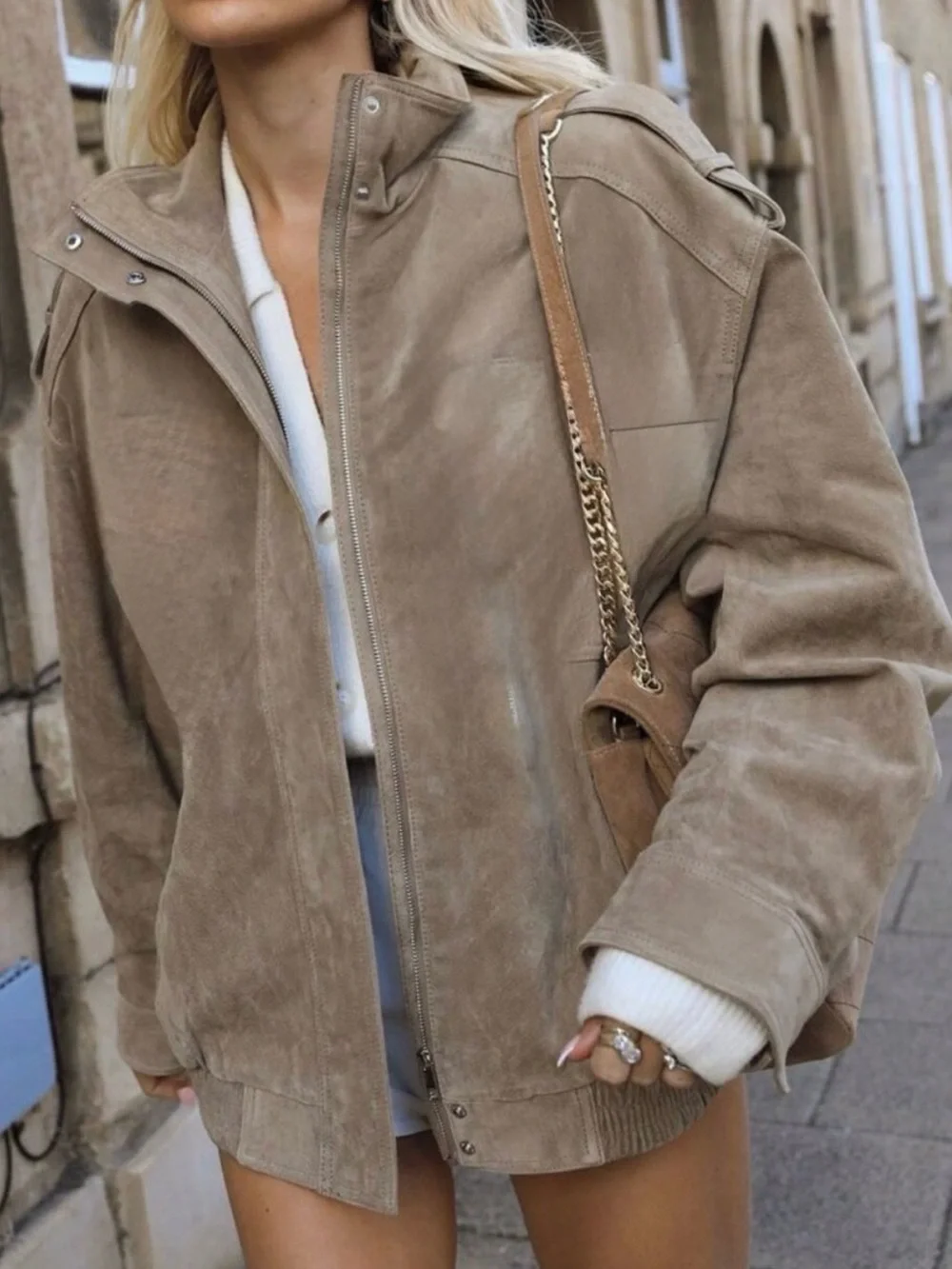 Tan leather bomber jacket